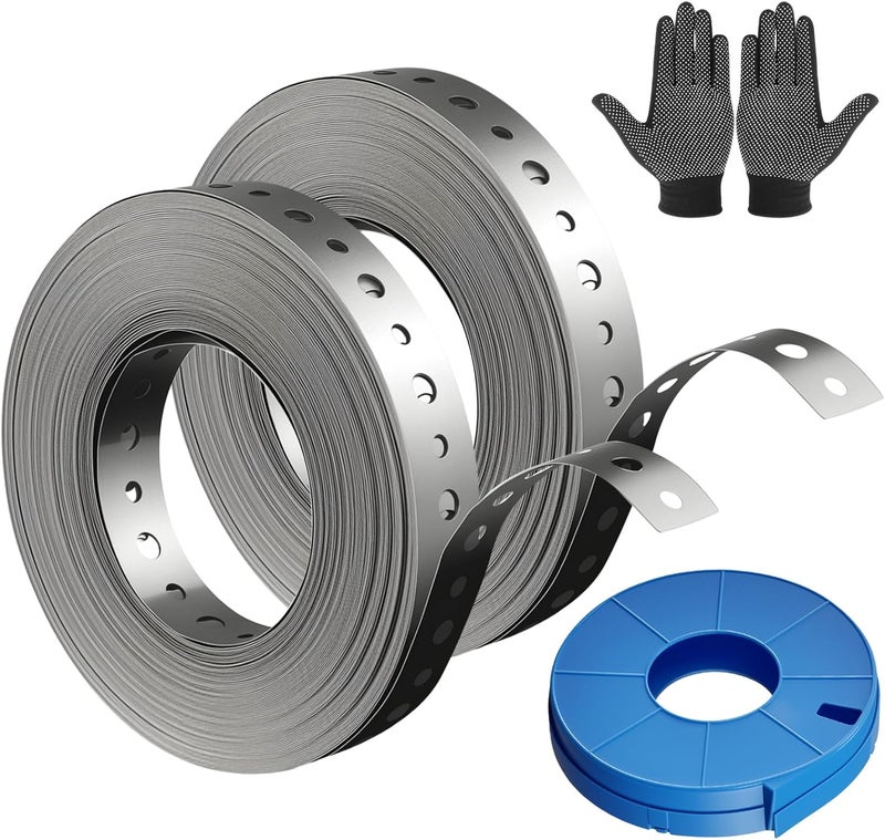 Yucime Metal Pipe Strap, 3/4 inch, 100 FT, Galvanized Hanger Strapping with Holes for Pipe Support, Flexible Trimming | Includes Storage Case & Gloves, Storage Case (100 FT 2Pack) - Image 1